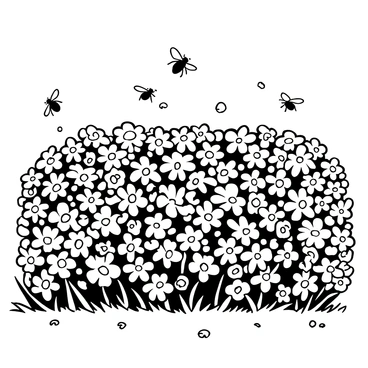 A hedge filled with a dense array of blossoms, with various shapes and sizes of flowers intricately detailed. Bees are depicted buzzing around the flowers, with some hovering above the blooms, while others are captured in motion, creating a sense of activity. The ground is covered in grass, with a few scattered petals from the blossoms. In the background, a clear sky can be seen, emphasizing the vibrant nature of the scene.