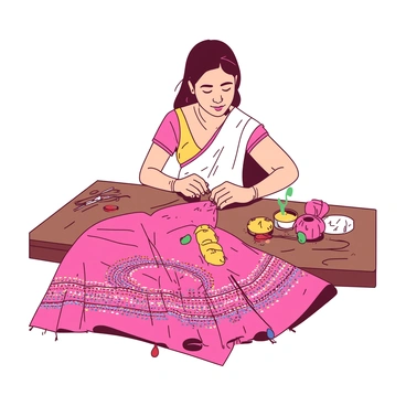 An artisan is seated at a wooden table, carefully hand-embroidering a vibrant lehenga. The lehenga is displayed in front of the artisan, showcasing intricate patterns created with fine threads and colorful beads. The artisan's hands are skillfully maneuvering a needle, stitching delicate designs on the fabric. Various embroidery tools and a selection of threads in different hues are scattered around the workspace. Natural light shines on the lehenga, illuminating the sparkling beads and highlighting the craftsmanship.