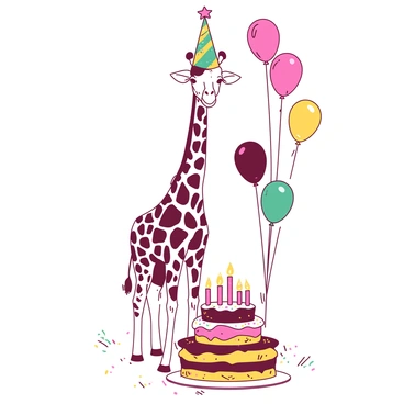 A tall giraffe stands happily in a field, wearing a colorful party hat adorned with stars and stripes. Surrounding the giraffe are several vibrant balloons in various shapes, including round and star-shaped, floating in the air. In front of the giraffe, there is a large, multi-layered birthday cake with bright frosting, decorated with colorful sprinkles and candles on top, ready to be lit. The giraffe's long neck leans toward the cake, appearing excited for the celebration.