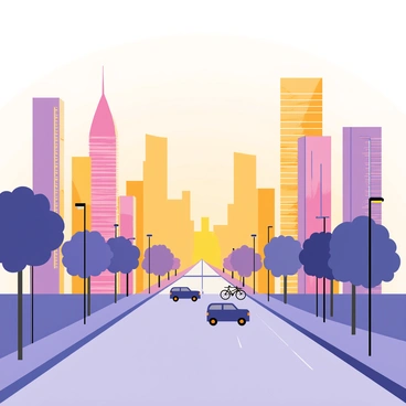 A cityscape at dawn with a soft orange and pink sky gradually brightening as the sun rises. Skyscrapers with glass facades reflecting the warm morning light stand tall against the horizon. The streets below are calm and nearly empty, with a few cars and bicycles passing by. Silhouettes of trees line the sidewalks, and street lamps are just being turned off, completing the tranquil scene.