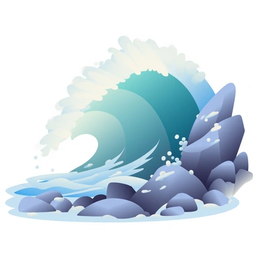 A large, powerful ocean wave is crashing forcefully onto a rugged, rocky shore. The wave is towering high, with white frothy crest and deep blue tones blending into the sea. As it crashes, mist is created, enveloping the area in a soft blue haze that settles on the rocks. The jagged rocks are wet from the wave's impact, glistening in different shades of gray and brown. The scene captures the dynamic motion of the ocean as water sprays into the air, creating a refreshing and dramatic atmosphere.