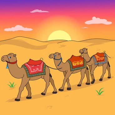 A caravan of three camels walking steadily across a vast, golden desert. Each camel is adorned with colorful, intricate saddles and decorative blankets. The camels have light brown fur and large, expressive eyes. The lead camel has a small bell hanging from its neck. In the background, the expansive sand dunes are gently rolling, with a few sparse tufts of grass peeking through. The sky is filled with vibrant colors of orange, pink, and purple as the sun sets on the horizon, casting long shadows across the sand. A few wispy clouds are illuminated with the warm light of the sunset.