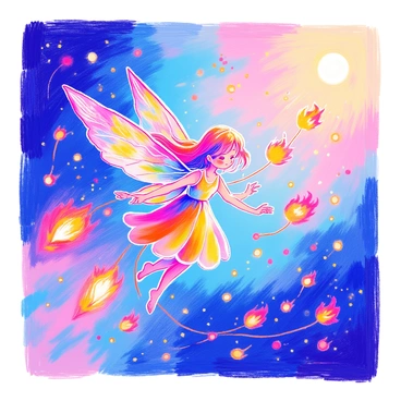 A tiny fairy with iridescent wings is flying gracefully through the air. Her wings are adorned with intricate patterns and shimmer in various colors. She has long flowing hair that dances behind her in the wind. Trailing behind her are several small fireballs that glow brightly, leaving a trail of fiery sparkles in the air. The background is softly illuminated by the warm light from the fireballs, enhancing the magical atmosphere.