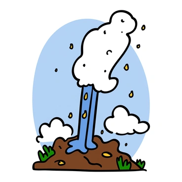 A geyser erupting irregularly with a powerful burst of steam and water shooting high into the air. The water cascades down in shimmering droplets, while white plumes of steam rise and swirl around the eruption site. Surrounding the geyser, the ground is rocky and rugged, with patches of brown earth and tufts of green grass. The sky above is a clear blue, contrasting with the bright white of the steam and the sparkling water.