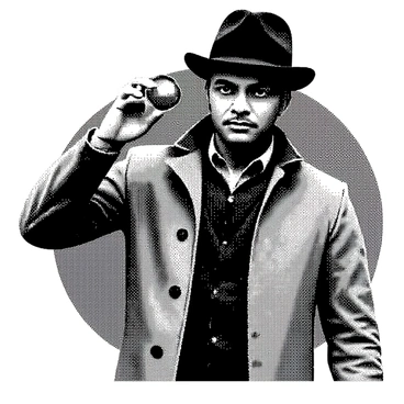 A character resembling "Vadivelu" is depicted as a detective, wearing a classic detective outfit that includes a trench coat and a fedora hat. He holds a magnifying glass up to his eye, intently examining something off to the side. The detective has a confident expression on his face, with his eyebrows raised. The background features an array of shadowy outlines, suggesting a mysterious setting with indistinct shapes that hint at secrets waiting to be uncovered. The image captures intricate details, from the folds of the trench coat to the reflective surface of the magnifying glass.