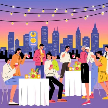 A lavish rooftop party set against a vibrant city skyline. Guests are gathered in small groups, laughing and chatting while enjoying music from a large, colorful speaker. Elegant tables are adorned with white tablecloths and centerpieces featuring bright flowers. String lights hang above, casting a warm glow over the scene. Some guests are dancing near the edge of the rooftop, with the city skyline illuminated in the background, showing tall buildings and twinkling lights. Others are sipping drinks from stylish glasses, creating a festive atmosphere.