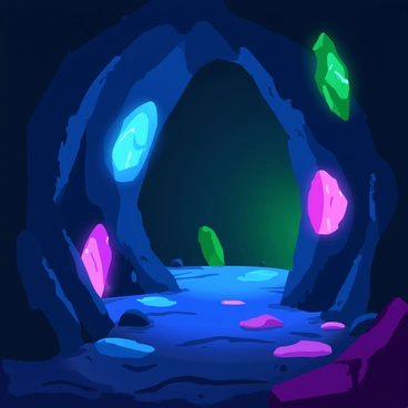 An enchanting cave with large, glowing crystals embedded in the rock. The crystals emit vibrant shades of blue, green, and pink, casting colorful lights that dance across the damp stone walls. The walls are textured and uneven, with droplets of water glistening in the light. The cave floor is rocky and uneven, scattered with small pebbles reflecting the colors from the crystals above. The atmosphere is mystical, with the light creating intricate patterns on the surfaces.
