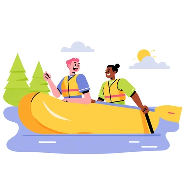 Two best friends are paddling together in a bright yellow raft on a sunny day. They are both wearing colorful life jackets and have big smiles on their faces as they share a laugh. The sunlight creates warm highlights on the water, reflecting their joyful expressions. In the background, there are green trees lining the shore and a clear blue sky dotted with a few fluffy white clouds. The scene captures the fun and friendship between the two characters as they enjoy their time on the water.