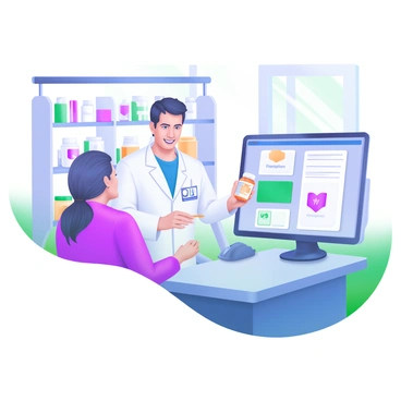 A pharmacist assisting a customer at a modern pharmacy counter