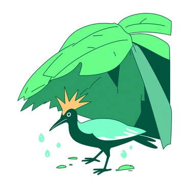 A hoopoe perched under a large leaf, sheltering from the gentle rain.