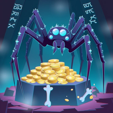 A giant spider with glossy black and iridescent green legs is perched atop a mound of gold coins and sparkling jewels. Its large, multifaceted eyes gleam in the dim light of the lair, which is carved out of dark stone. The spider's body is covered in fine hairs that shimmer with a metallic sheen. Surrounding the treasure are scattered bones and worn-down artifacts, hinting at its fierce protection over the hoard. The walls of the lair are adorned with ancient runes, and the air is thick with an eerie mist that swirls around the scene.