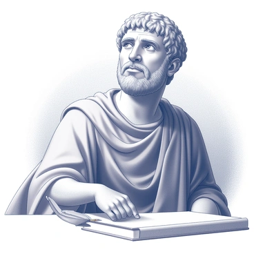 A close-up portrait of "Seneca, the Roman philosopher." He is depicted wearing a "toga" that drapes elegantly over his shoulders. His facial features are pronounced, showcasing a thoughtful expression with furrowed brows and a slight frown. His "hair is neatly styled," and a stubble outlines his jaw, emphasizing his age and wisdom. The background features soft, blurred elements that suggest a study environment, including a "scroll and a quill" resting on a table nearby. His gaze is directed slightly upward, as if contemplating profound thoughts.