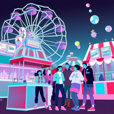 A bustling 1980s carnival scene filled with excitement and energy. Colorful amusement rides spin and sway, their neon lights flashing in a kaleidoscope of hues. Stalls line the perimeter, showcasing various carnival games with bright signs advertising prizes. A group of children with joyful expressions is trying to win at a ring toss game, while parents watch with smiles. Brightly colored balloons float in the air, and the scent of popcorn and cotton candy fills the atmosphere. The night sky is illuminated with the glow of the carnival lights, creating a festive and vibrant environment.