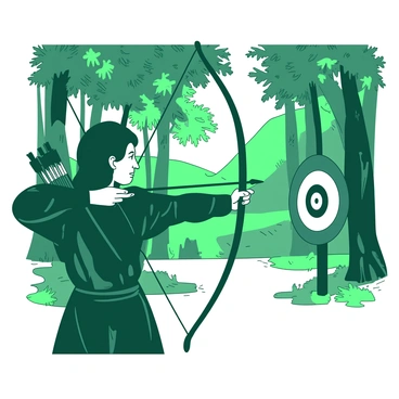 An archer with a focused expression is drawing back a bowstring in a wooded clearing. The archer is wearing a dark green tunic with a quiver full of arrows slung across their back. The bow is held steady, and the arrow is almost fully released, aimed directly at a round target positioned ahead. Surrounding the clearing are tall trees with vibrant green leaves, and dappled sunlight filters through the branches, casting shadows on the ground. In the distance, the bullseye of the target is visible, showcasing a bright white center against a dark backdrop.
