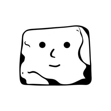 A stone block with a simple, abstract face carved into its surface. The features are minimal, with no intricate details, just smooth contours suggesting the outline of eyes and a mouth. The stone is rugged with a rough texture around the edges, contrasting with the polished areas of the carved face. The background is empty, allowing the stone face to be the central focus of the image.