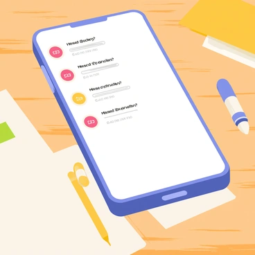A smartphone placed on a wooden desk displays a bright screen filled with notifications. The screen shows several missed call icons in red, indicating the calls were from different contacts. Below the missed calls, there are multiple message notifications in a chat bubble format, with text indicating a gathering's details. The background includes a few scattered stationery items like a pen and a notepad, adding context to the scene. The overall composition focuses on the phone and its notifications, capturing a sense of urgency regarding the gathering.
