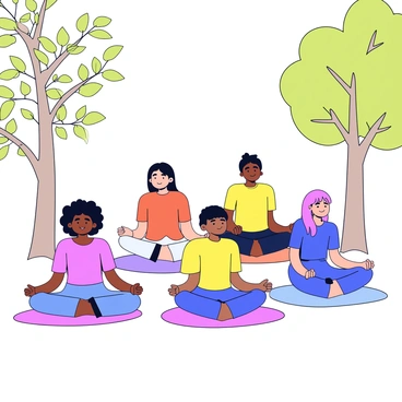A diverse group of people engaged in an outdoor meditation session. There are individuals of various ethnicities, including a Black woman with curly hair, an Asian man with straight hair, and a Hispanic woman with long hair. They are sitting cross-legged on colorful yoga mats spread across a grassy area. Each person has their eyes closed and appears relaxed, with hands resting on their knees. Surrounding them are trees with green leaves gently swaying in the breeze. Soft sunlight filters through the branches, casting dappled light on the ground.