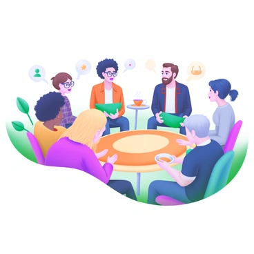 A modern pastel illustration depicting a group therapy session where six diverse individuals sit in a circle. Each person is engaged in sharing their stories, with various expressions reflecting a range of emotions. There is a woman with curly black hair wearing glasses, a man with short brown hair and a plaid shirt, a woman with long blonde hair, a man with a beard and a beanie, a young person with dyed blue hair, and an older individual with gray hair tied back in a bun. In the center of the circle, a large, soft rug is laid out, and each person has a small, colorful cushion to sit on. The surrounding space is filled with plants and warm, inviting colors. A steaming cup of tea sits on a small table beside them.