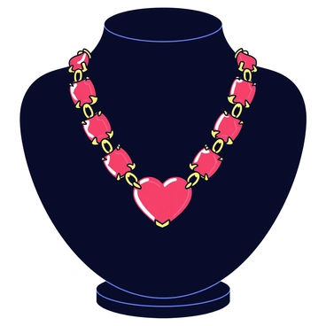 A striking ruby necklace with a heart-shaped centerpiece. The necklace features multiple sparkling red rubies intricately set in a gold chain. The heart-shaped centerpiece is larger than the surrounding stones, drawing immediate attention. The necklace is displayed on a black velvet bust, which contrasts elegantly with the vibrant red of the rubies. The bust has a smooth, rounded shape, enhancing the presentation of the necklace.