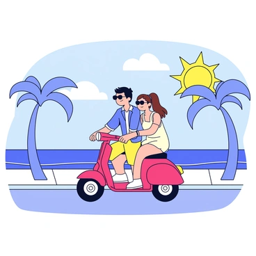 A couple riding a scooter bike along a sunny beach promenade