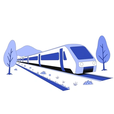 A sleek metro train is moving rapidly along an outdoor track. The train features a streamlined design with large windows on its sides. Along the sides of the track, there are trees with detailed leaf structures and varying heights. The ground is lined with grass and small bushes, adding a touch of natural elements. In the background, there are distant hills, creating depth in the scene. The train is emitting a slight blur effect, indicating its high speed as it travels through this natural environment.