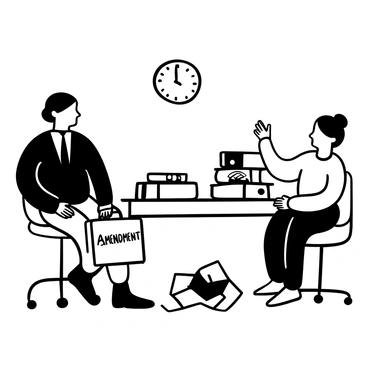 Two lawyers engaged in a discussion inside a law office. One lawyer is holding a briefcase labeled "5th Amendment" while the other lawyer is pointing towards a stack of legal books on a desk. They are surrounded by legal documents scattered on the table. A wall clock is visible in the background, showing the time clearly.