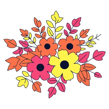 A seasonal display of autumn flowers featuring vibrant blooms in shades of red, orange, and yellow. The flowers are surrounded by leaves in warm tones of red, orange, and yellow, some of which are gently falling from the branches. The arrangement showcases a variety of flower shapes and sizes, all nestled among the colorful foliage. The display is set against a simple, light backdrop that enhances the warmth of the autumn colors.