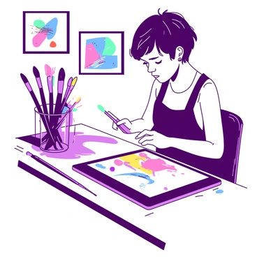 An artist with short hair is sitting at a sleek desk, focused on a digital tablet. The tablet displays vibrant, colorful designs that include abstract patterns and shapes. Surrounding the artist, there are various brushes in a holder, with some brushes appearing to have paint splatters. The background features a wall with framed colorful artworks, creating a lively atmosphere in the workspace. The artist's expression shows concentration and creativity.