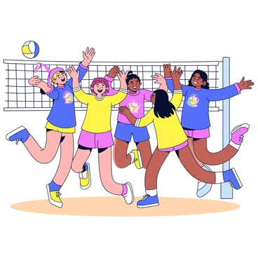 A group of volleyball players huddled together, displaying strong team spirit. They are jumping in excitement, with some players giving high-fives to one another. The players wear matching brightly colored jerseys, showcasing their team logo on the front. In the background, a volleyball net is visible, along with a sandy court. One player is raising their hands in celebration, while others are smiling and cheering enthusiastically.