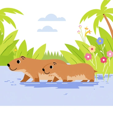 A family of capybaras wading through the shallow waters of the Amazon River. The capybaras are brown with slightly wet fur, standing close together in a line. Their large, round eyes are attentive as they move through the water. The riverbanks are lush with green foliage, including tall grass and palm trees. Various colorful flowers are blooming nearby, adding vibrancy to the scene. Small ripples in the water reflect the surrounding greenery, enhancing the natural feel of the environment. A bright blue sky is visible overhead, with a few fluffy white clouds scattered across it.