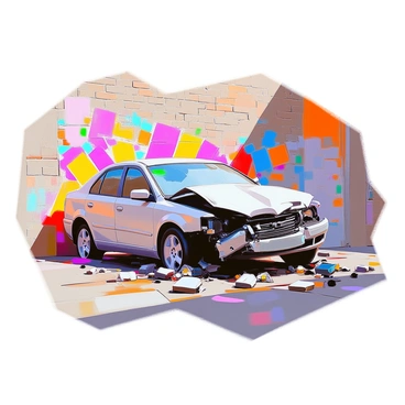 A crashed car in front of a wall covered with colorful graffiti
