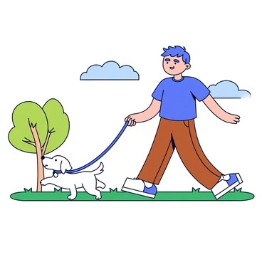 A person walking on a grassy path in a park, holding a leash attached to a small dog. The dog is a fluffy white breed with a wagging tail, walking happily beside the person. The person is wearing a blue t-shirt and brown shorts, with a content expression on their face as they stroll. In the background, there are a few trees with green leaves and a clear blue sky above.