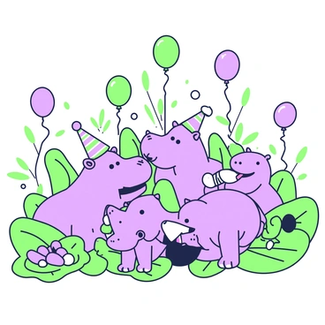 A group of hippos is gathered in the jungle, celebrating a joyful party. Each hippo is wearing a colorful party hat, some are cone-shaped while others are more whimsical. They are surrounded by an assortment of balloons that float gently above them, with some balloons tied to nearby plants. One hippo is playfully blowing a horn, while another is munching on fruit arranged on a leaf. The lush green foliage of the jungle encircles the scene, creating a vibrant atmosphere for the celebration.