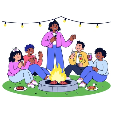 A singer stands in the center, holding a microphone, with a joyful expression on their face. Surrounding the singer are four friends, all smiling and engaged in the moment. The group is gathered around a fire pit, with flames dancing and casting a warm glow. In the background, there are string lights hanging above, creating a festive atmosphere. Each person is holding a drink, and there are plates of food scattered around them, showcasing a variety of BBQ dishes. The grass beneath them is lush and green, completing the cozy backyard setting.