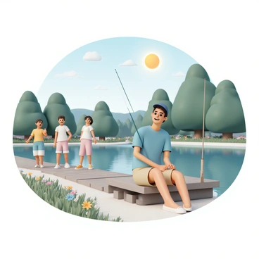 A person, wearing a blue t-shirt, khaki shorts, and a baseball cap, is sitting on a wooden dock by a tranquil lake. They are holding a fishing rod, which is propped up beside them, while they cast a playful smile at their passing friends. The friends, a group of three, are walking along the path near the lake, wearing casual summer clothing. One friend is laughing, while another is giving a thumbs-up, and the third friend is playfully rolling their eyes. The sun is shining brightly, casting reflections on the water's surface. Surrounding the lake are lush green trees and blooming wildflowers, adding vibrant colors to the scene.