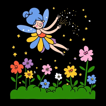 A cartoon fairy with sparkling wings and bright blue hair is fluttering around a magical garden filled with vibrant glowing flowers. The flowers are in various colors, casting a soft luminescent glow in the twilight. The fairy is wearing a shimmering dress made of petals and is surrounded by tiny twinkling stars. She has a joyful expression on her face as she spreads fairy dust from her hands, creating a trail of sparkling light behind her. The garden is lush with greenery, and the air is filled with the gentle glow of the blooming flowers.