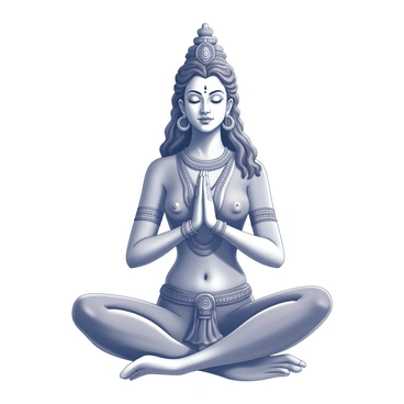 A figure of Goddess Durga sitting in a meditative pose. Her face is peaceful, showcasing gentle features and a calm expression. The details of her adornments, including intricate jewelry and a crown, are clearly visible. Her hands are positioned in a mudra, symbolizing tranquility. The overall composition is softly illuminated, highlighting her serene demeanor and the intricate patterns of her clothing.