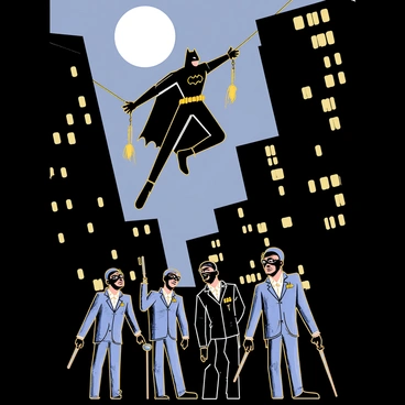 A dark and brooding city skyline is illuminated by the moonlight. "Batman," dressed in his iconic black suit and cape, is depicted mid-action, using a grappling hook to swing down towards a group of "criminals" below. The criminals, startled, are wearing tattered clothes and masks, armed with weapons. The scene captures the dramatic moment as "Batman" lands with precision, ready to engage. Shadows cast by the tall buildings create an intense atmosphere, emphasizing the high-stakes nature of the confrontation.