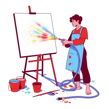 A painter using a hose to create colorful splashes on a canvas.