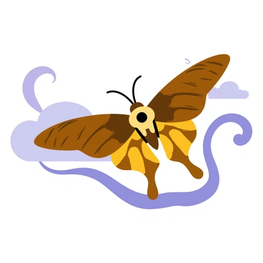 A death's-head hawkmoth with distinct skull-shaped markings on its back is captured in the middle of a graceful flight. The wings are spread wide, showcasing intricate patterns of deep brown and yellow hues. Surrounding the moth are swirling patterns in shades of purple and blue, creating a sense of movement and fluidity. The background is filled with soft clouds, enhancing the ethereal feel of the scene. The moth's antennae are elegantly curved, adding to its dynamic appearance.