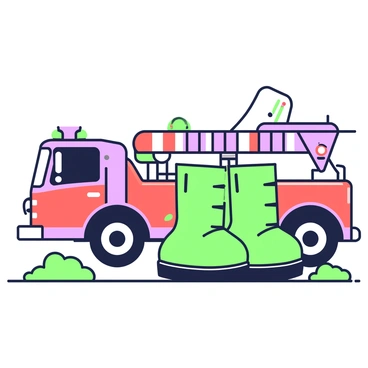 Heavy-duty firefighter boots are positioned prominently on the ground. The boots are made of sturdy materials, featuring thick soles and reinforced toes. Next to the boots, a red fire truck is parked, showcasing large wheels and bright emergency lights. The truck's surface is shiny and reflects its surroundings, with a ladder mounted on top and various firefighting equipment visible on the sides. The scene is set outdoors, with the fire truck's bright color contrasting against the ground.