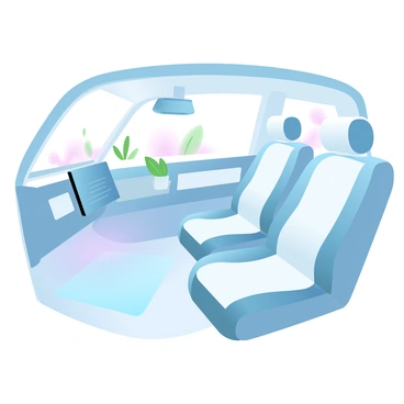 A modern car interior in electric white hues showcases sleek, minimalist design lines. The dashboard features a large digital display with touch controls, surrounded by smooth surfaces and soft textures. The seats, made from sustainable materials, have a contemporary shape and are upholstered in a light, breathable fabric. Ambient lighting in gradient pastel colors softly illuminates the cabin. A panoramic sunroof allows natural light to flood the space, enhancing the airy feel. The floor is adorned with eco-friendly mats, and there are small potted plants on the dashboard, emphasizing the car's commitment to sustainability.