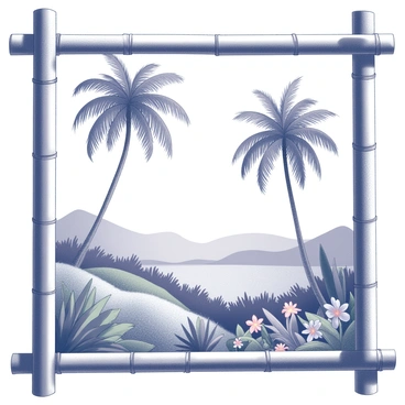 A lush tropical landscape is framed by bamboo. The scene includes tall palm trees swaying gently in the breeze, with their slender trunks and broad leaves. There are vibrant green plants and a variety of tropical flowers in the foreground, adding depth to the composition. In the background, there are rolling hills, and a clear sky can be seen above. Sunlight filters through the bamboo frame, casting delicate shadows on the landscape.