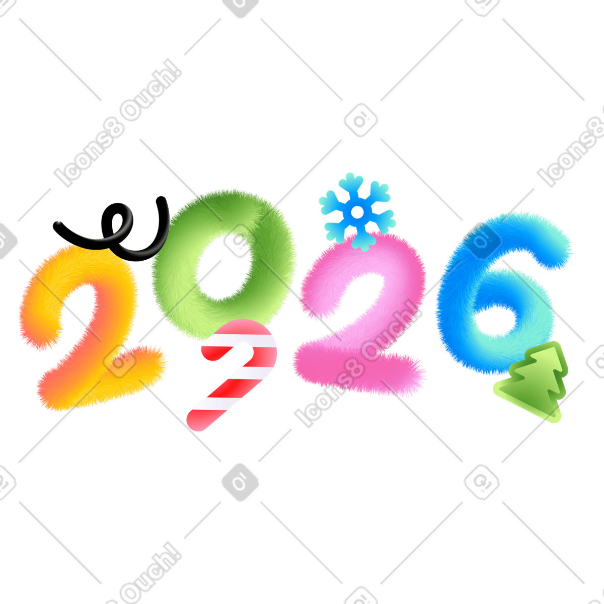 Lettering 2026 with candy cane, christmas tree and snowflake illustration in Puffy style download in PNG, SVG