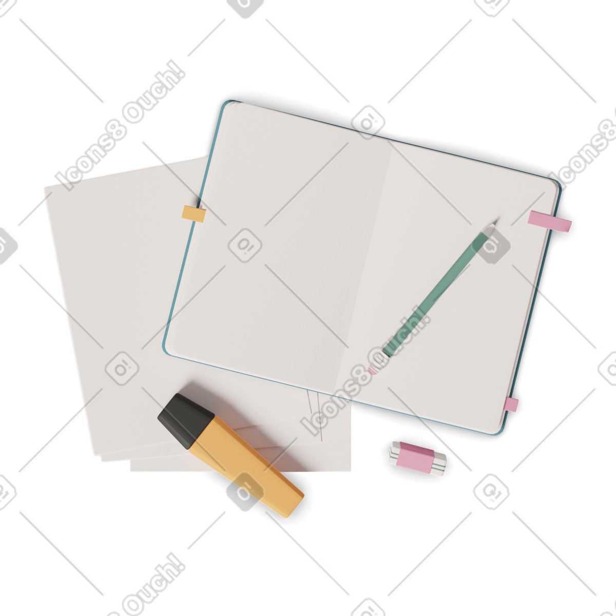 Notebook with pencil highlighter pen and papers illustration in 3D Casual life style download in PNG, SVG