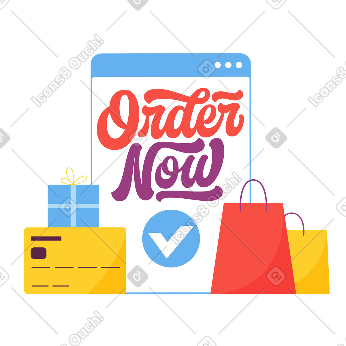 Lettering Order Now with browser and shopping bags illustration in Sammy style download in PNG, SVG