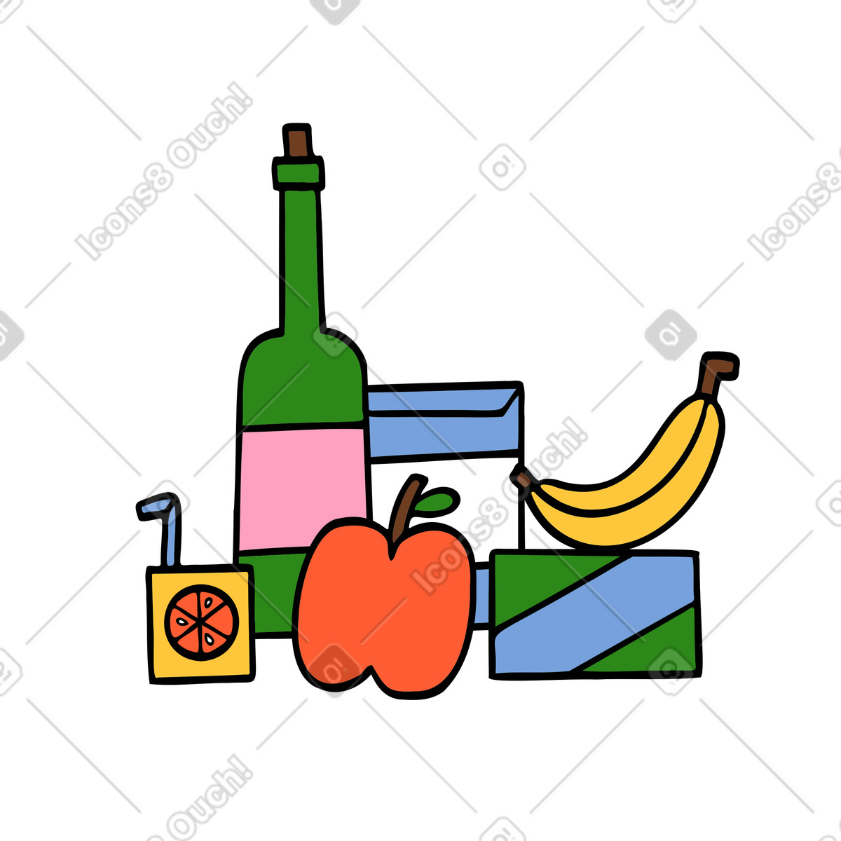 Bunch of food products: fruit, juice and wine bottle illustration in Comic style download in PNG, SVG