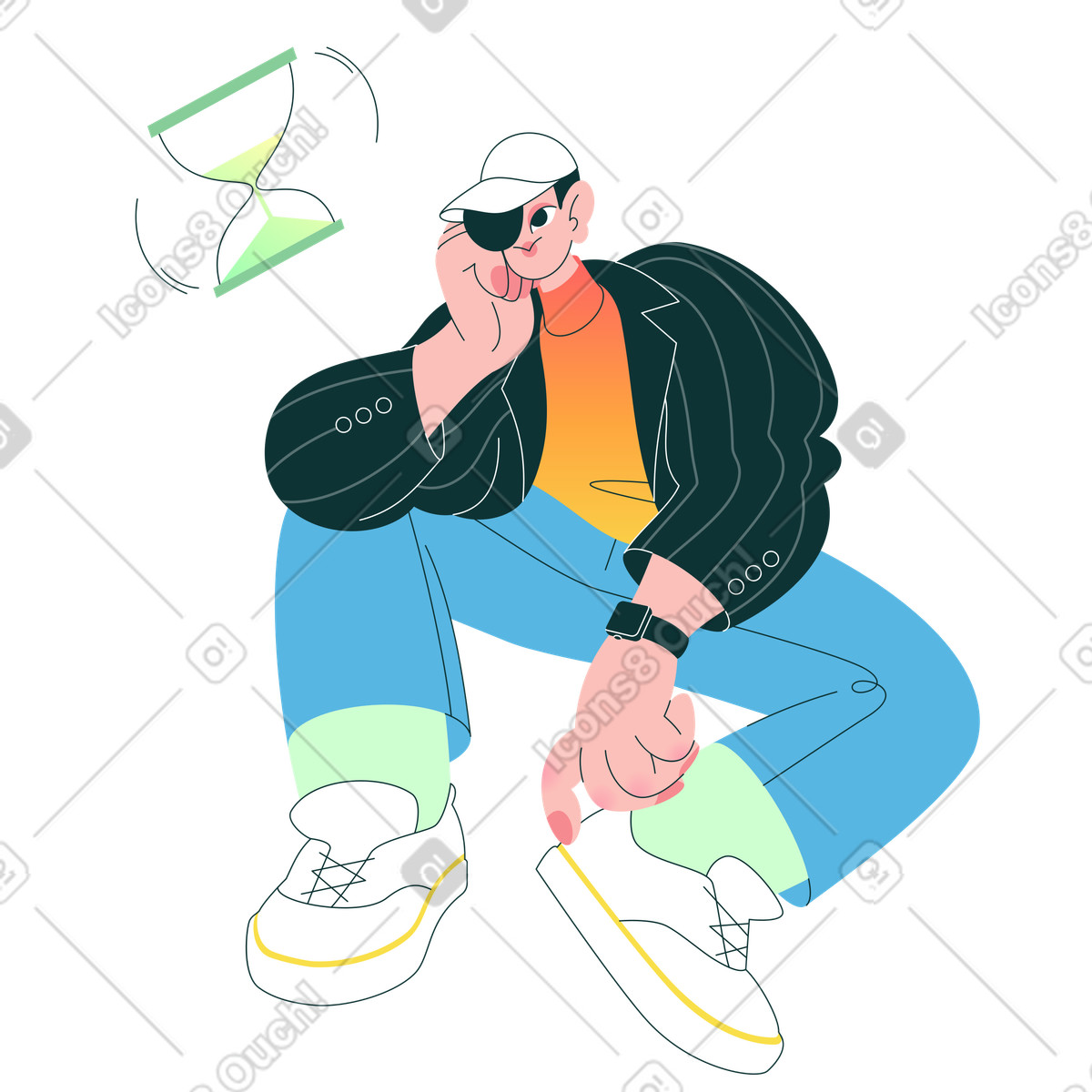 Man waiting with hourglass turning animated illustration in GIF, Lottie (JSON), AE