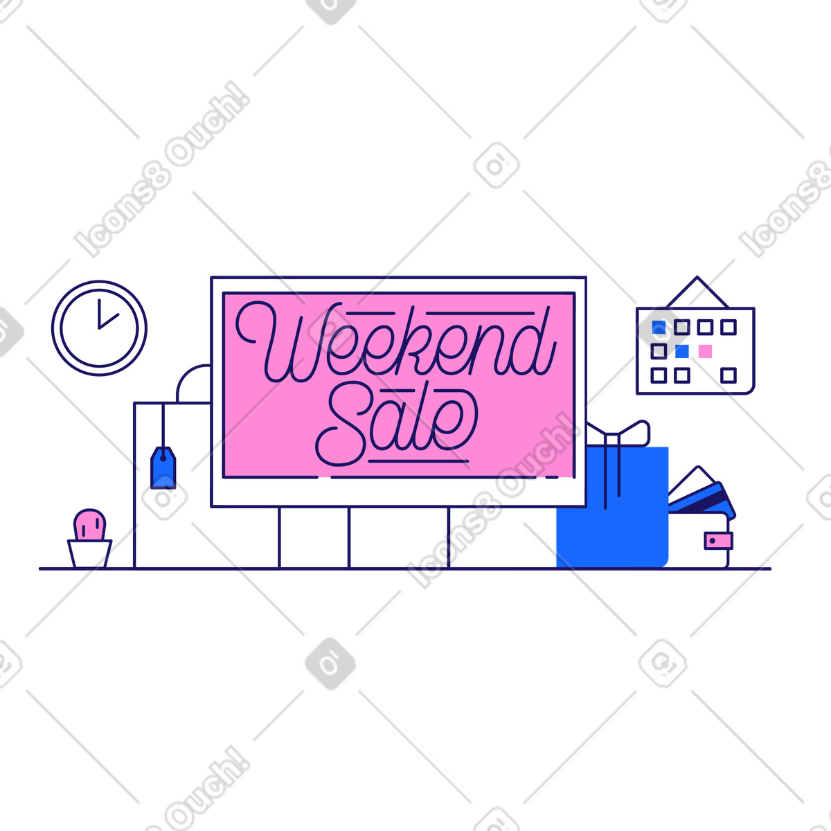 Lettering weekend sale con pacchetti e confezione regalo illustrazione in stile Matey scarica in PNG, SVG