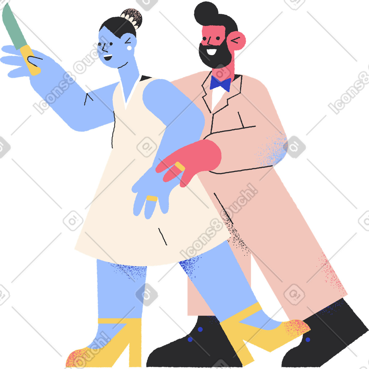Bride and groom with a knife in their hands illustration Pablo style download PNG, SVG